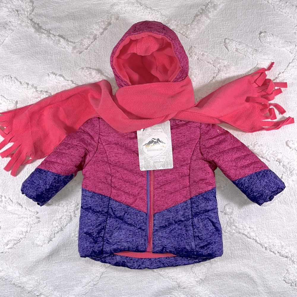 NWT Pacific Trail Hooded Puffer Winter Jacket Scarf Set Size 12 M Pink & Purple